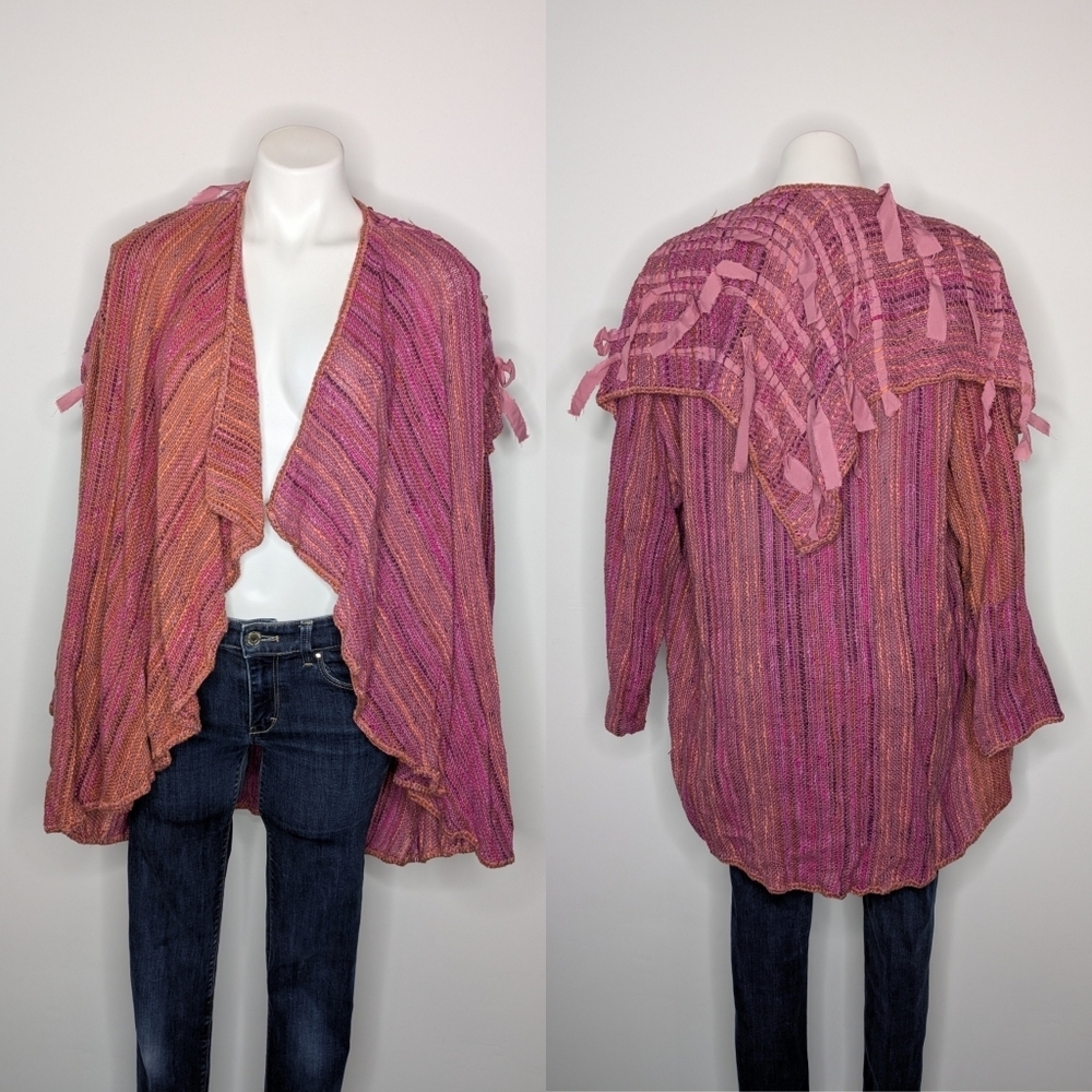 Barbara Rubright Purple Pink Orange Woven  Wearable Art Open Cardigan OSFM